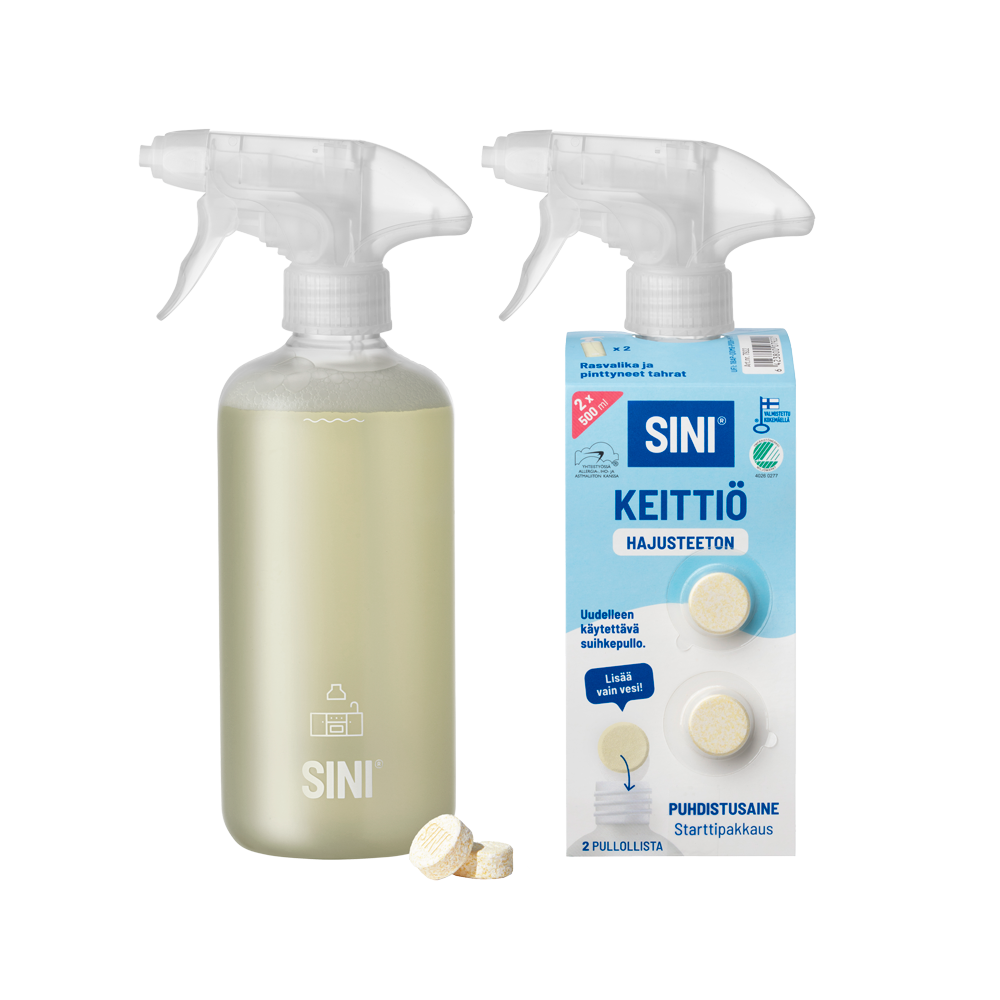 Hajusteeton keittiönpuhdistusaine, starttipakkaus – pullo + 2 tablettia