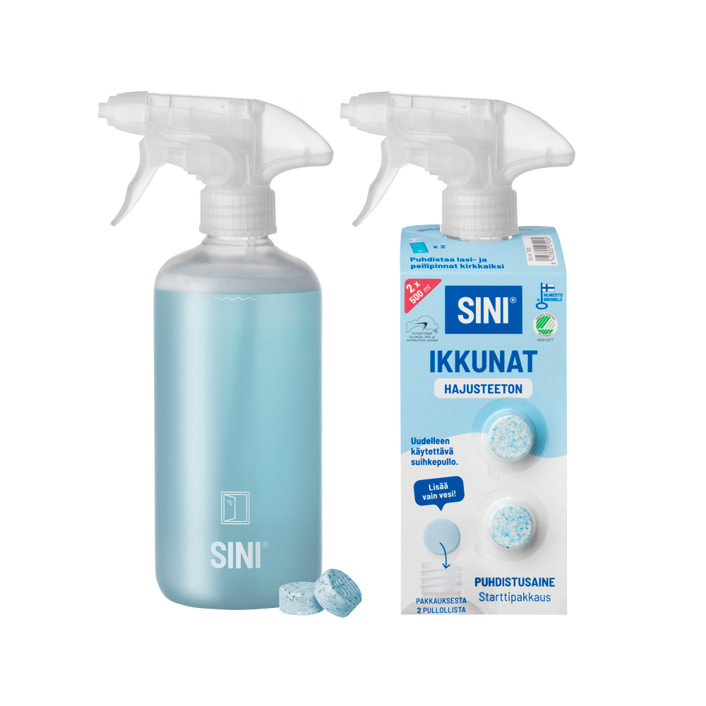 Hajusteeton ikkunanpuhdistusaine, starttipakkaus – pullo + 2 tablettia