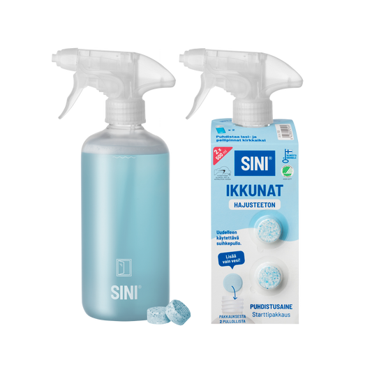 Hajusteeton ikkunanpuhdistusaine, starttipakkaus – pullo + 2 tablettia