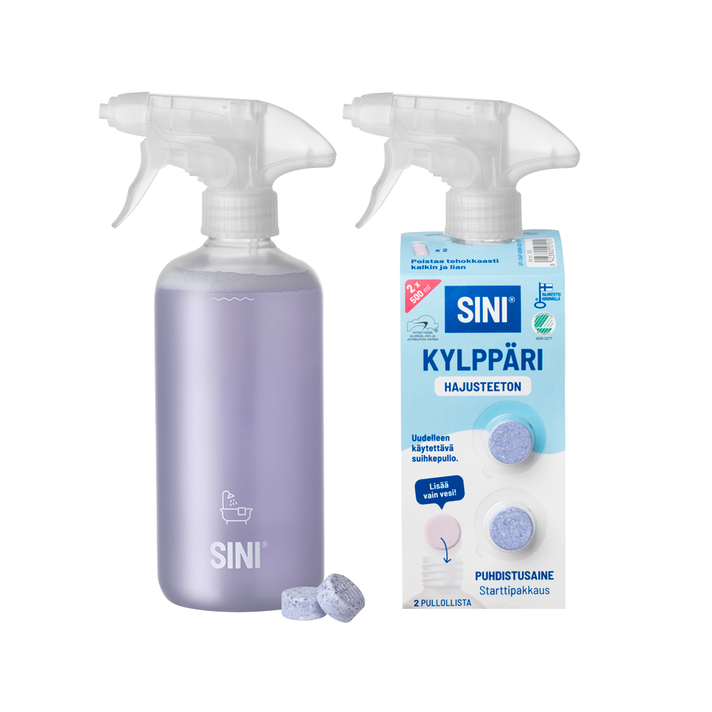 Hajusteeton kylppärinpuhdistusaine, starttipakkaus – pullo + 2 tablettia