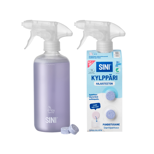 Hajusteeton kylppärinpuhdistusaine, starttipakkaus – pullo + 2 tablettia
