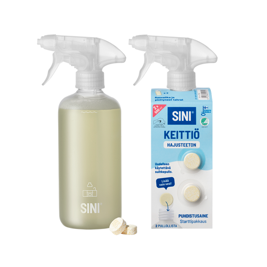 Hajusteeton keittiönpuhdistusaine, starttipakkaus – pullo + 2 tablettia